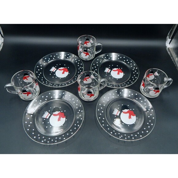 Arcoroc France Glass Snowman W/Broom Dessert Plates Luminarc Mugs Set of 4 - Picture 1 of 14